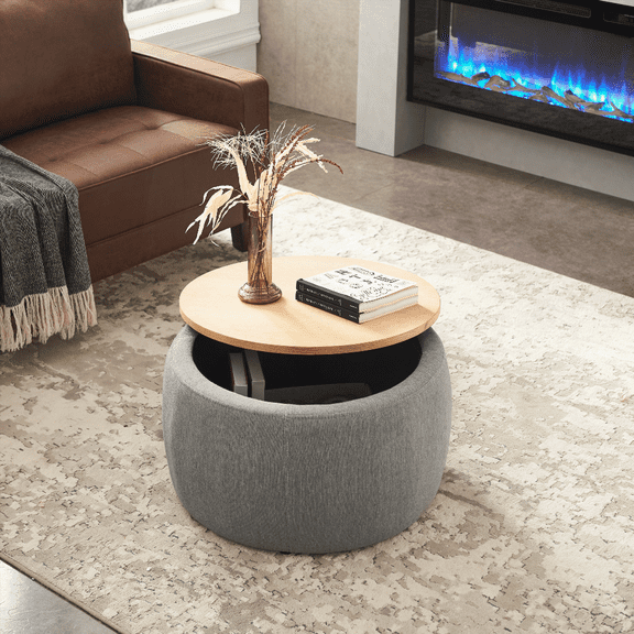 Round Storage Ottoman - 2 in 1 as End Table & Ottoman, Dark Grey (25.5"x25.5"x14.5"), 23Lbs, 250Lbs Capacity