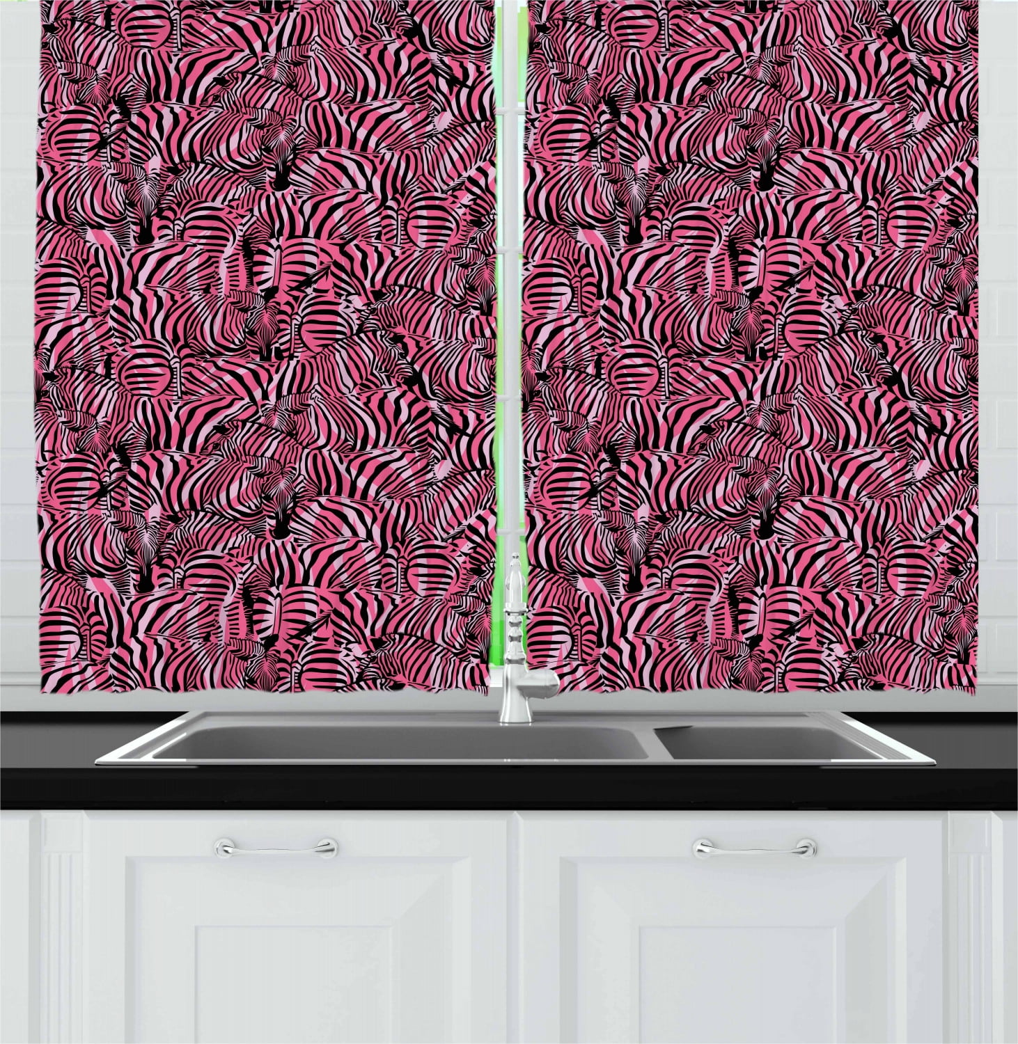 Pink Zebra Curtains 2 Panels Set, Bunch of Zebra Forming Contemporary