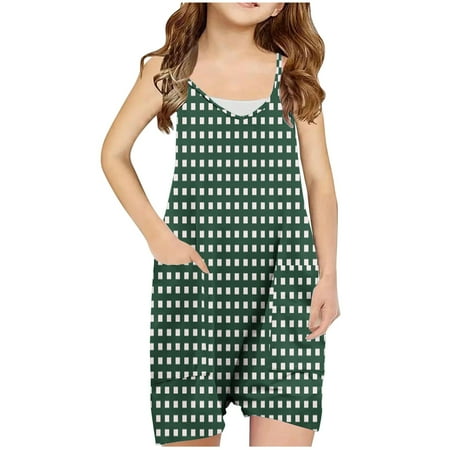 AJTQTH Rompers for Girls V-Neck Spaghetti Straps Jumpsuit Stylish Plaid Playsuit with Pockets Short Length Bodysuit Summer Loose Fit Clothes for School Casual Outdoor Green 13 Years0