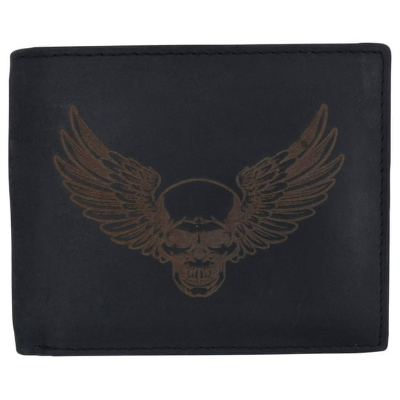 New Skull & Wings Printed Logo Mens RFID Bifold Genuine Leather Wallet