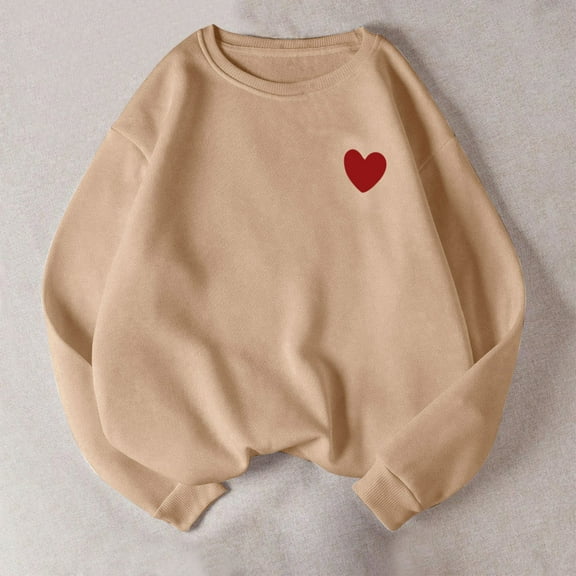 Beige Sweaters for Women Heart Pattern Pullover Sweatshirt Casual Long Sleeve Crew Neck Sweatshirt for Fall & Winter Women's Clothing Womens Fall Fashion 2025
