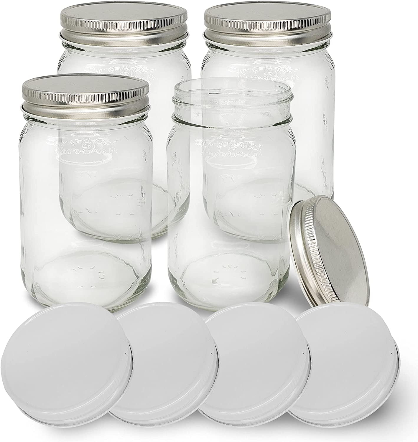 Romeriza Inc Mason Jars [4 Pack] Clear Glass Mason Jars 16 oz with Silver Metal Lids for Meal Prep, Food Storage Canning Drinking Pickling, Fermenting, Overnight Oats, Jelly, Dry Food Spices Salads