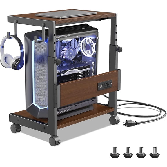 Computer Tower Stand with Charge Station and USB Charging Port - Height Adjustable PC Tower Stand, Under Desk CPU Holder Cart with Locking Caster Wheels for Fits Most PC