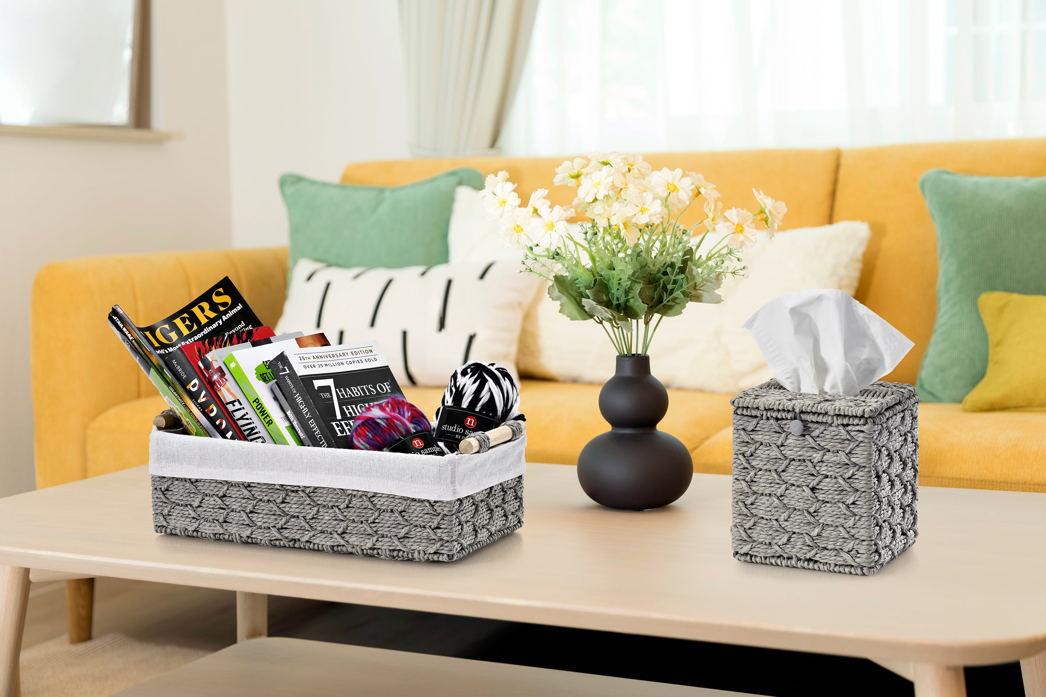 Sorbus 3 Piece Bathroom Basket and Tissue Holder Set - Decorative Wicker Baskets for Bathroom, Store Washcloths, Hand Towels, Tissue, Skincare, and More, Gray