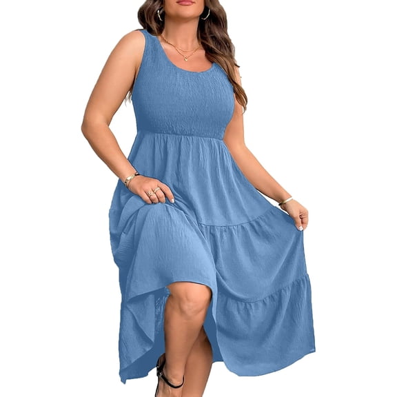 AURA Plus Size Summer Sleeveless Tank Dress for Women 2025 Smocked Casual Loose Sundress Flowy Beach Tiered Long Midi Dresses
