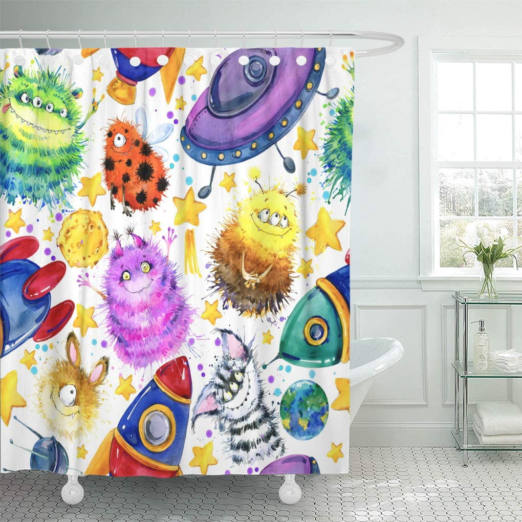 Yusdecor Colorful Fly Cute Monster Watercolor Cartoon Space Rocket Flying Bathroom Decor Bath Shower Curtain 60x72 Inch Walmart Canada