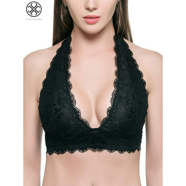 Luxtrada Women Lace Bra Halter Bralette Underwear Deep V Lingerie Bra Tops  Bustier Bralette XL, Black 