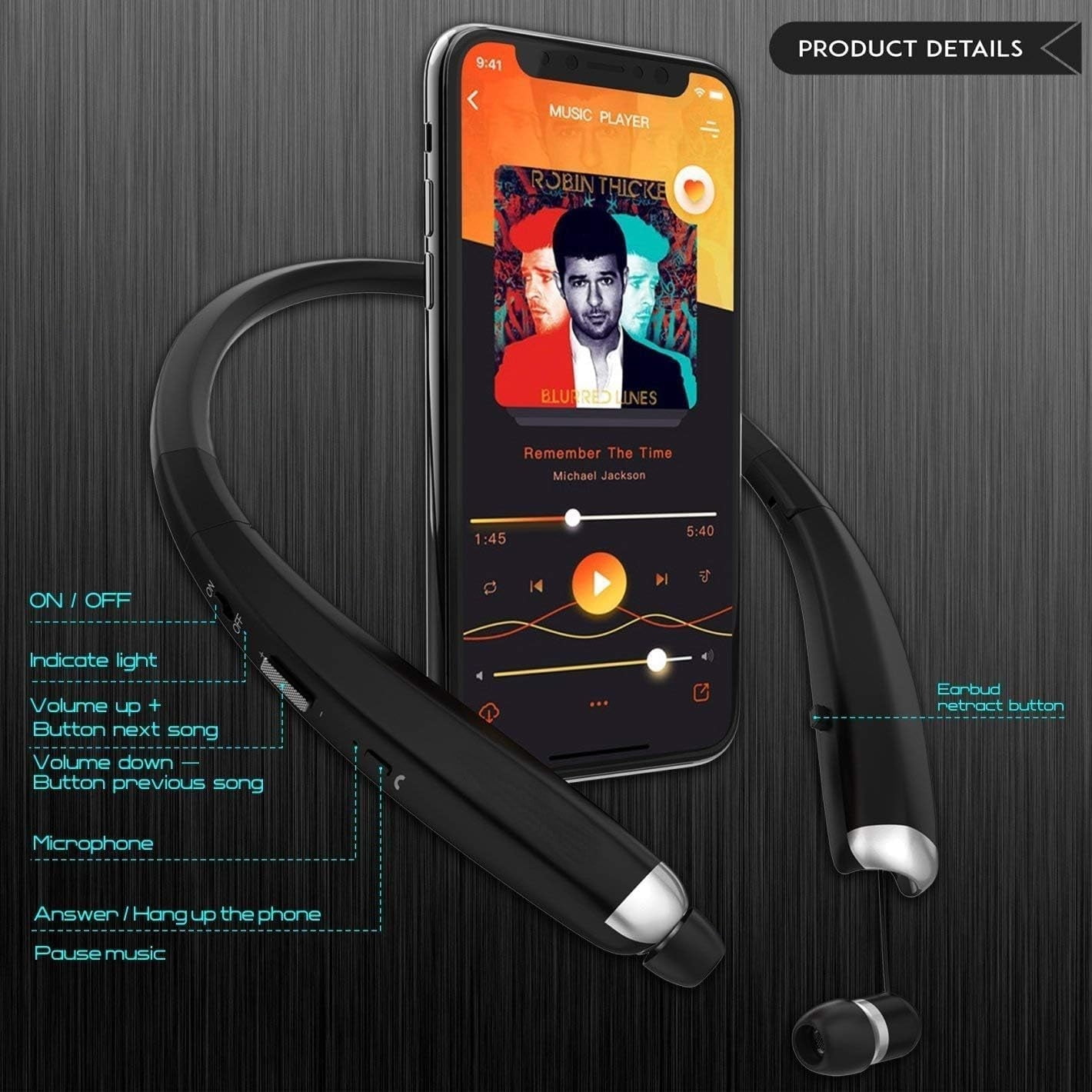 Foldable Bluetooth Headphones, Wireless Neckband Sports Headset with Retractable Earbuds, Sweatproof Noise Cancelling Stereo Earphones with Mic
