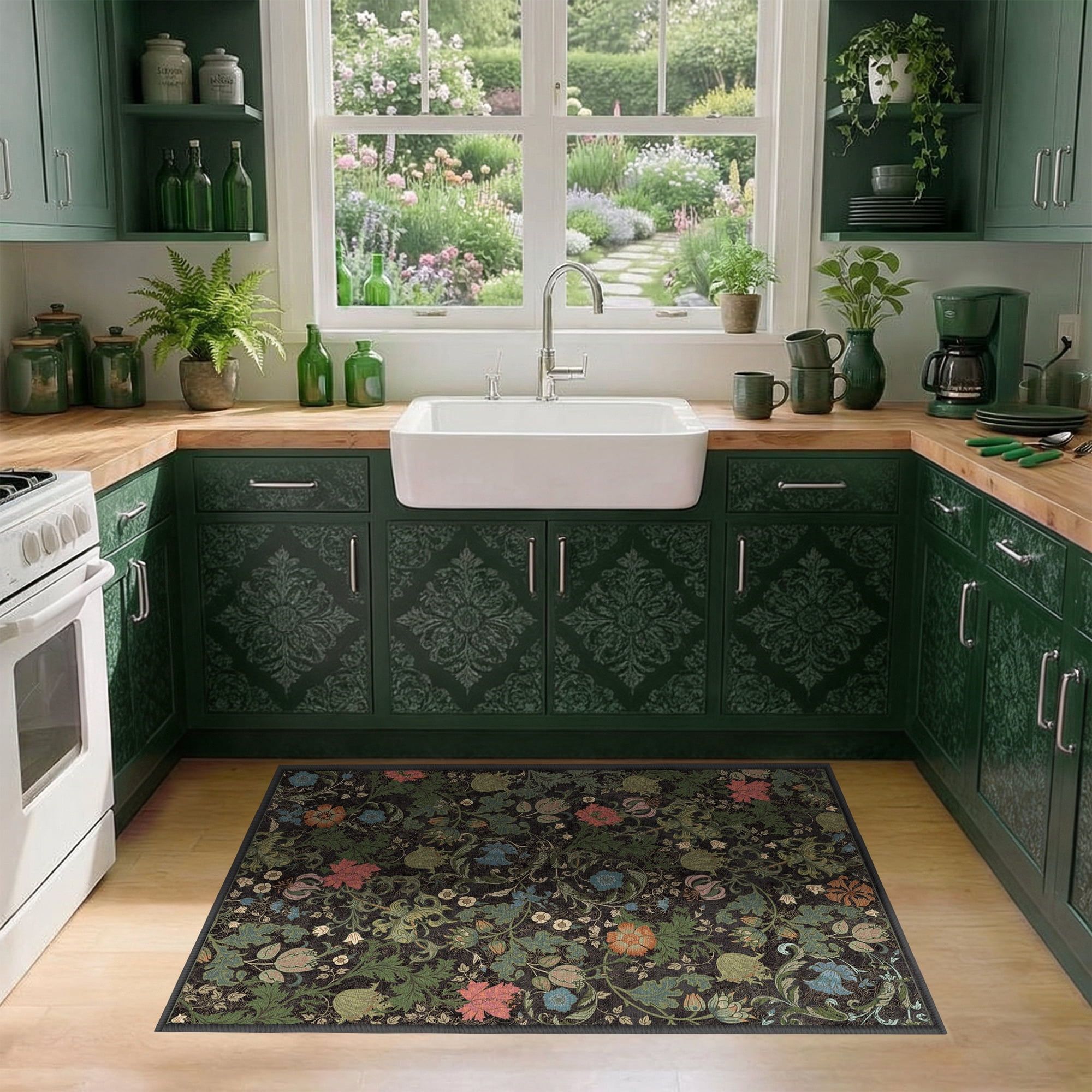ATHOPE Floral 2x3 Area Rug, Machine Washable Rugs Soft Non Slip Low Pile Rugs for Living Room Bedroom Nursery Kitchen Dining Room Indoor, Small Floral Print Pattern Carpet, Dark Green