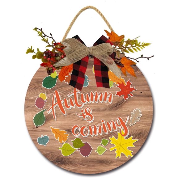 Eveokoki 12" Autumn Is Coming Wooden Door Sign, Welcome Front Door Plaque Hanger Home Decoration for Farmhouse Office Coffee Shop,Hanging Sign Board with Hanging String for Home Decor