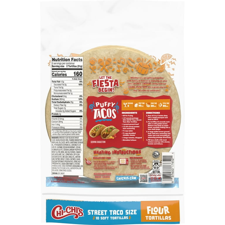 CHI-CHI'S Flour Tortillas Street Taco Size, Shelf Stable, 9oz  Resealable Package, (10 Count)