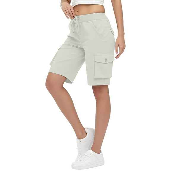 Cargo Long Shorts Womens Multi Pockets High Waisted Drawstring Stretchy Quick Dry Hiking Travel Athletic Short (XL, White)