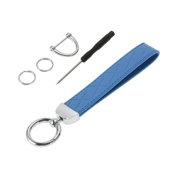 Unique Bargains 1 Set Universal Car Keychain Car Home Women Men Key Chain with Ring PU Leather Blue Silver Tone