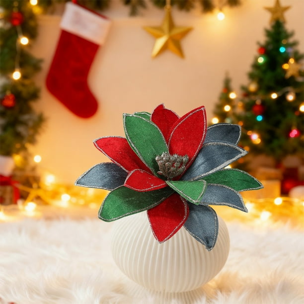 Flores Navideñas de Tela con Ribetes Dorados. Arreglos Florales Navideños. Decoraciones con Flores Artificiales.