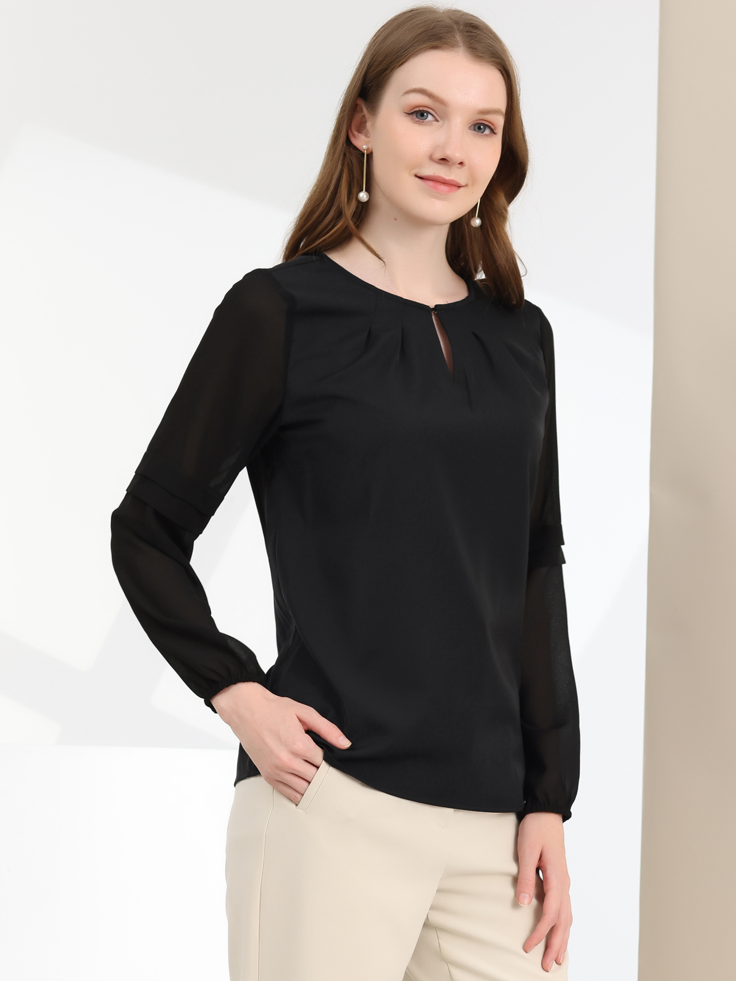 DARING DIVA Chiffon Semi Sheer Long Sleeves Keyhole Neck Blouse XS Black