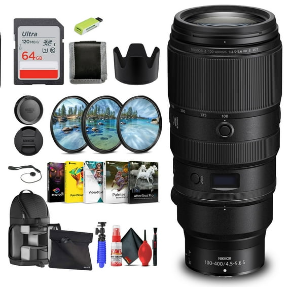 Nikon NIKKOR Z 100-400mm f/4.5-5.6 VR S Telephoto Zoom Lens for Z Mount Cameras (20106)   64GB Memory Card   Filter Kit   Card Reader   Photo Software   Flex Tripod   Backpack   More