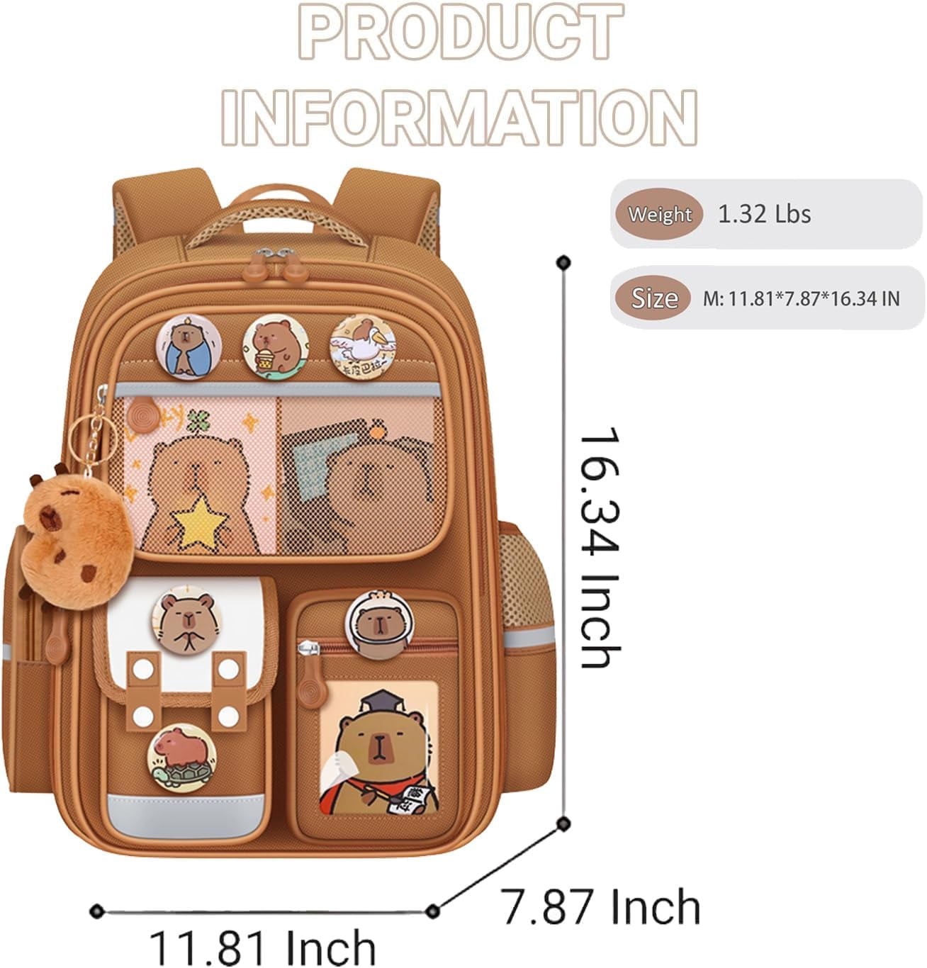 Capybara Backpack for Women and Men, Cute Cartoon Capybara Bag with Pins, Ita Bag Casual Travel Daypack, Kawaii Laptop Backpack for Daily Use