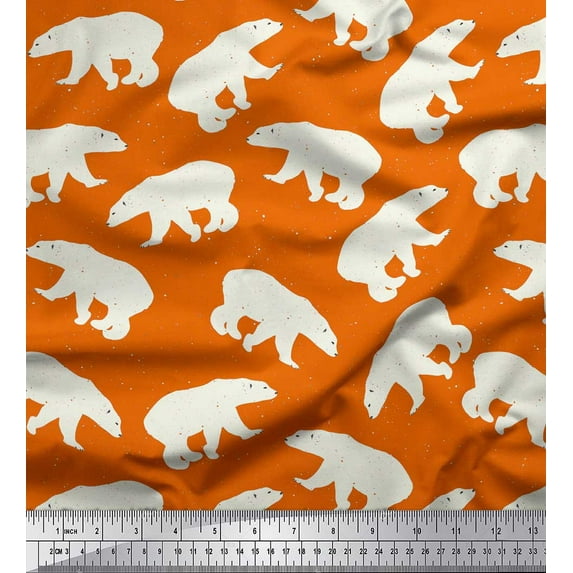 Soimoi Orange Rayon Crepe Fabric Polar Bear Animal Print Fabric by the Yard 46 Inch Wide