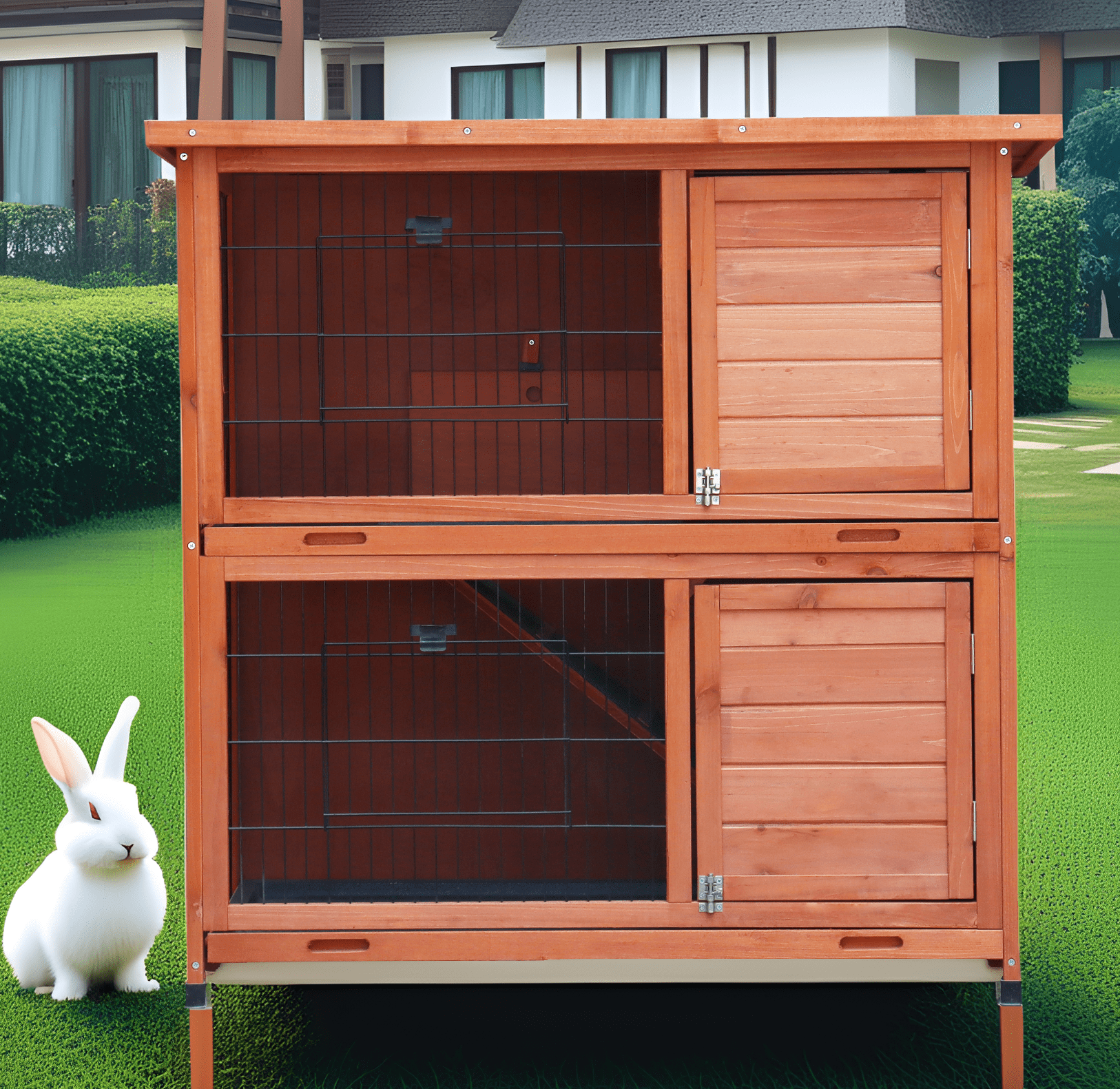 Anykoon Rabbit Hutch Outdoor, Fence, for Small Animals , 2-Story Rabbit Cage Indoor with Run, Bunny Cage with 2 Removable No-Leak Trays, Pet Cages with Non-Slip Ramp, Waterproof Roof