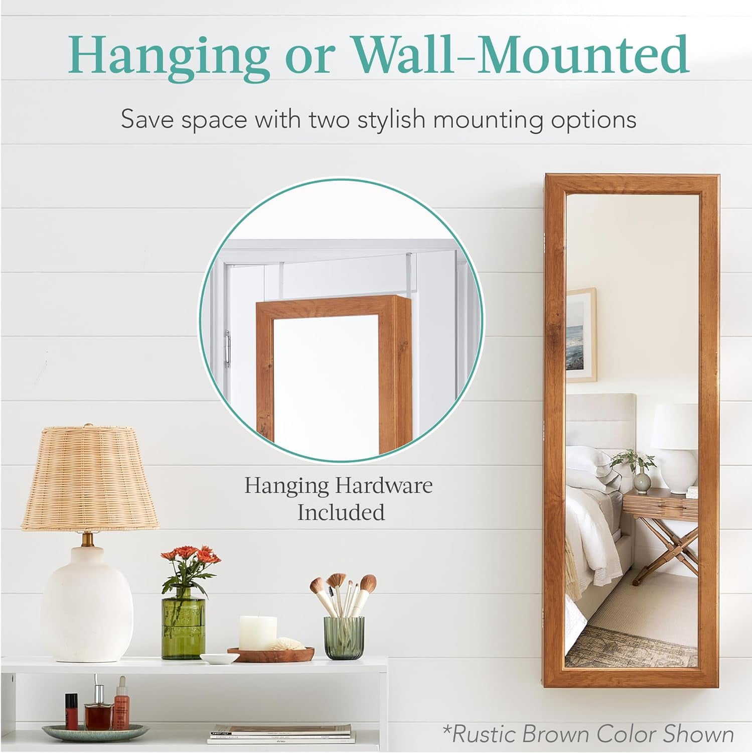 HJTER LED Mirror Jewelry Cabinet, Tall Lockable Wall or Door Mounted Jewelry Armoire Organizer with Mirror, 2 Drawers, Lock, Cosmetic Tray, Shelves - Walnut