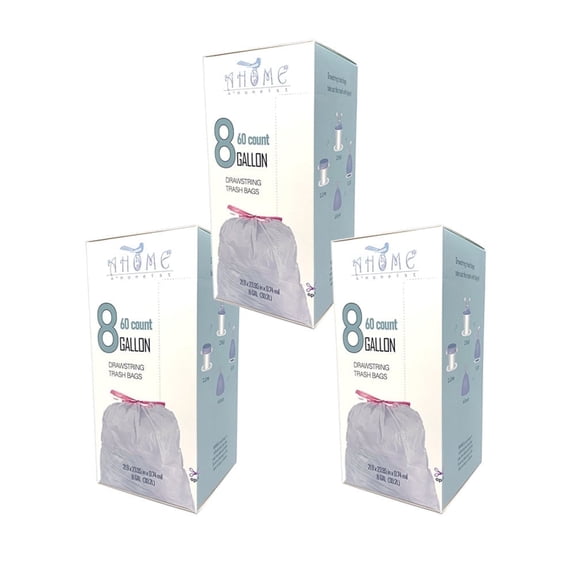 A*Homeist 8 Gallon Garbage Bags 22 x 24" 0.74mil Thick Drawstring, White, 180 Bags