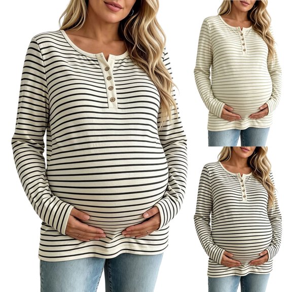 Noric Women Maternity Long Sleeve Striped T-Shirt Casual Henley Neck Tops for Pregnancy Fall Winter Daily Wear