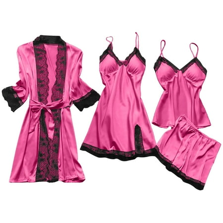Elainilye Fashion Womens Pajama Set Loungewear Lingerie Lace Robe Sleepwear Nightdress Four-Piece Pajamas Set Pink