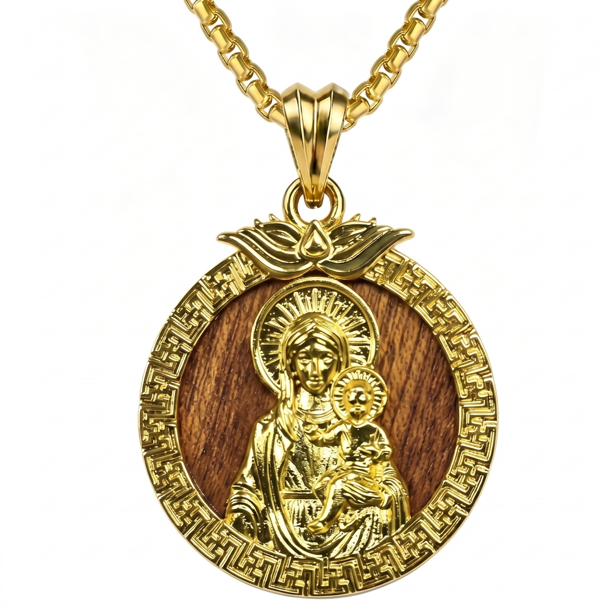 Kootwo Virgin Mary Pendant Necklace for Women, Madonna and Christ Medal, 14K Gold Plated Walnut Wood Inlay Religious Jewelry Gift