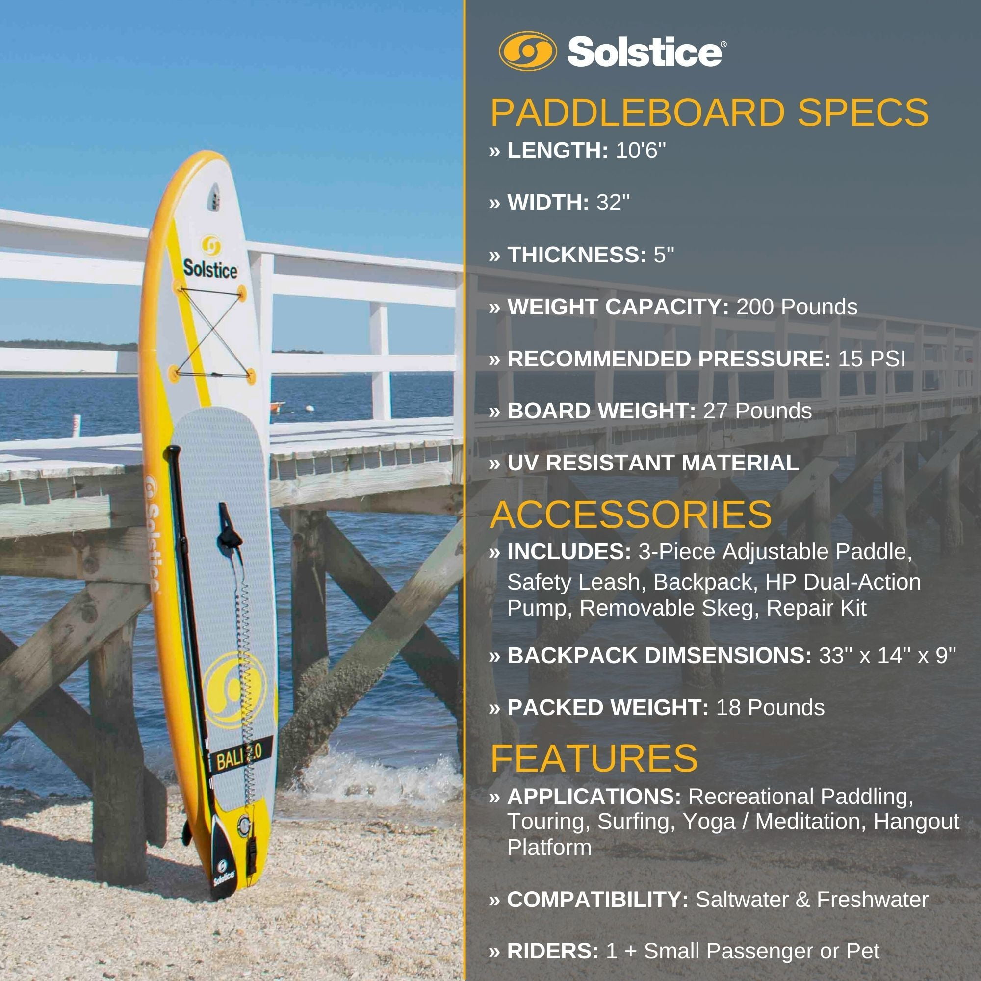 Solstice Bali 10.5 Foot Stand Up Inflatable Paddle Board Set w/Camera Mount