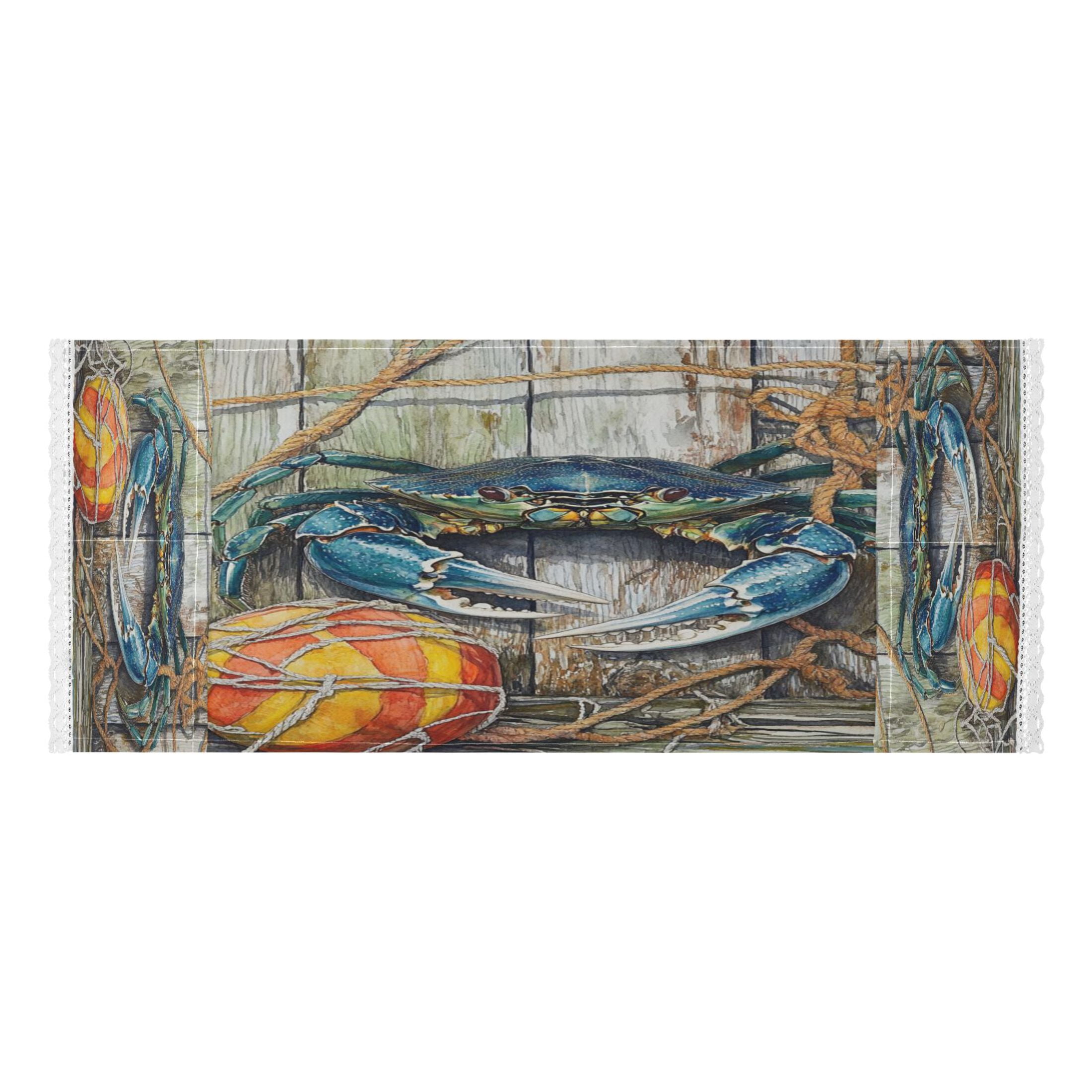 Washing Machine Cover 51.2x22in, Durable Polyester Dust Cover with Lace Trim and Side Pocket for Appliances Blue Crab