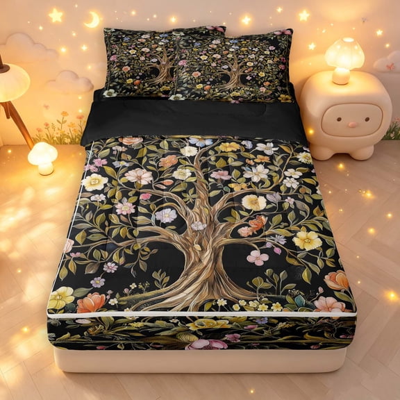Homewish Vintage Tree Of Life Zipper Twin Comforter Sets with Fitted Sheet and 2 Pillowcases,Romantic Floral Zipper Bedding Set,Black Green,Black Reversible,4pcs