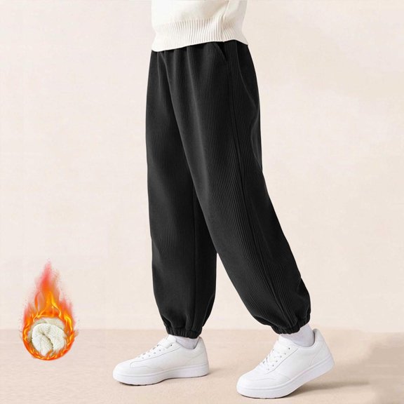 WQNVRNR Boys Girls Jogger Sweatpants Elastic Cuff Corduroy Elastic Waist Fall Fleece Lined Casual Pants with Pockets Black 11-12 Years
