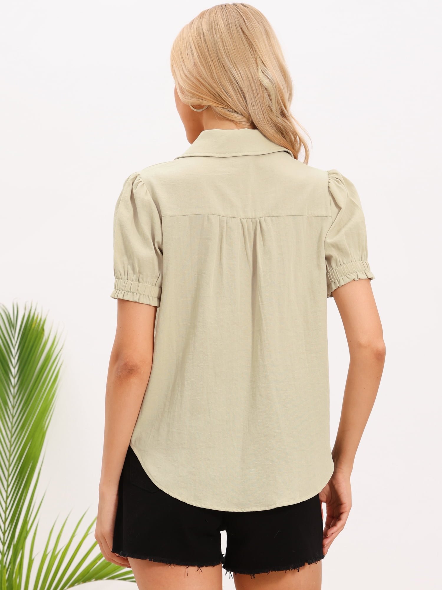 DARING DIVA Women's Short Puff Sleeve Button Down Shirts Collared V Neck Blouses XL Beige