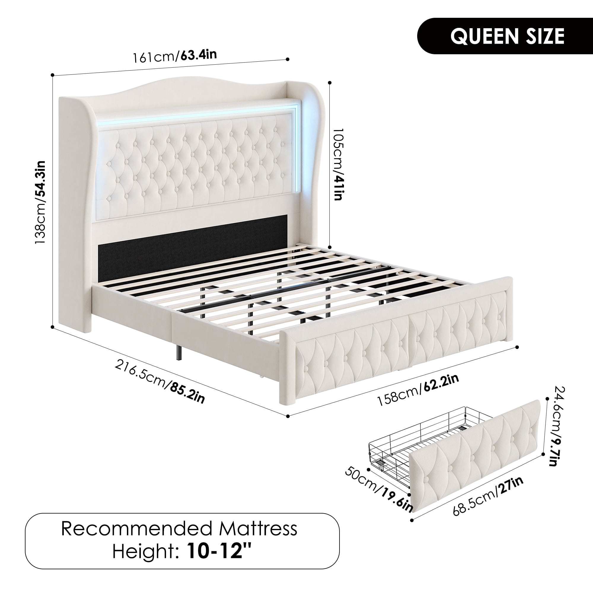 Homfa Queen Size LED Bed Frame with Storage Drawers, 54in Tall Velvet Upholstered Headboard Platform Bed with Wingback Buttons Headboard, Beige