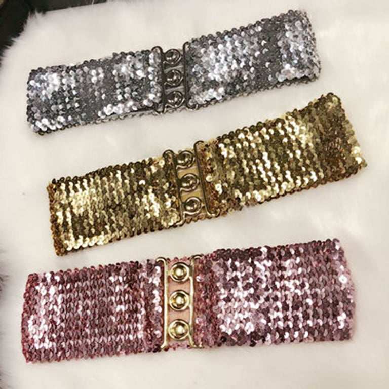 Women Wide Elastic Waist Stretch Waistband Sequins Shiny 