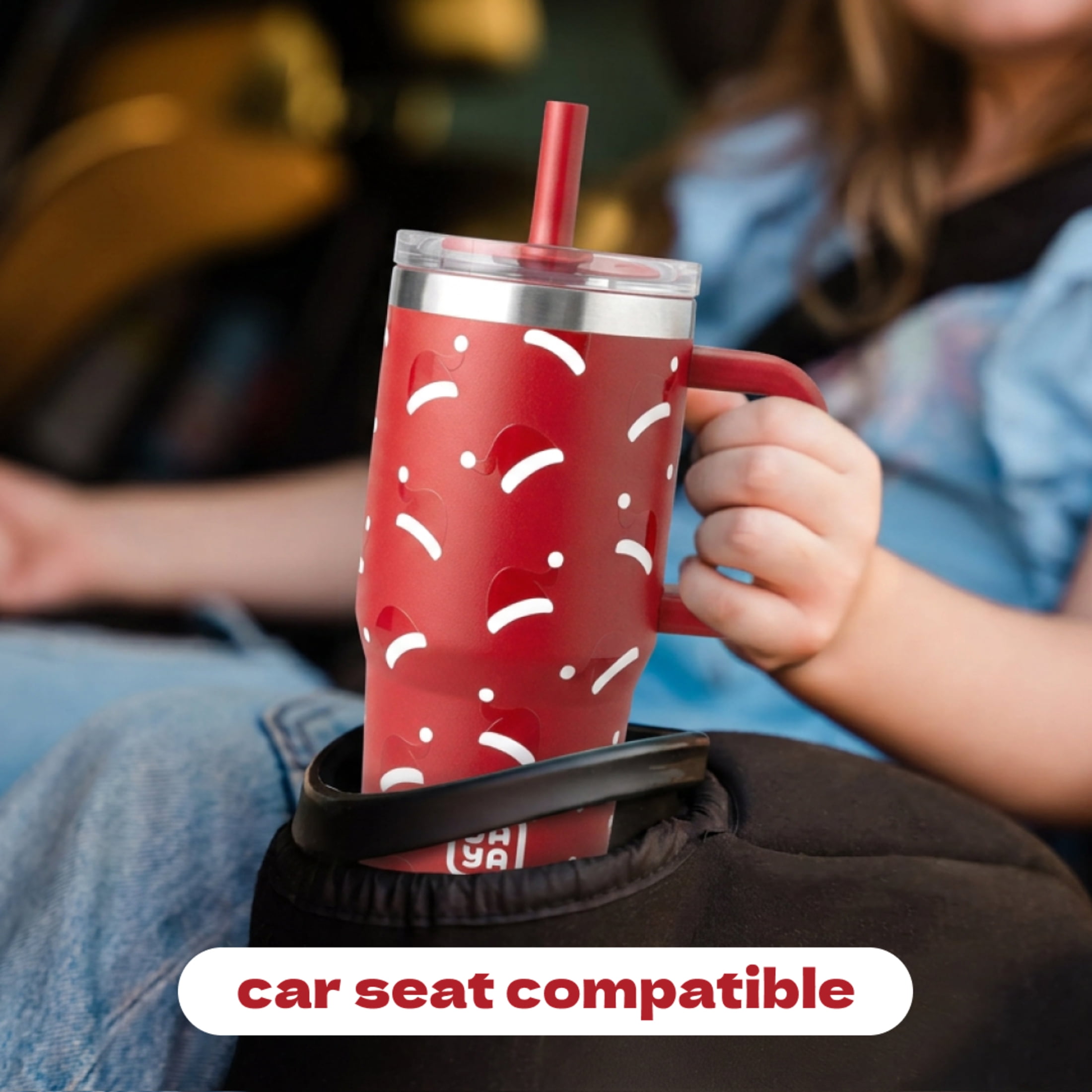 YAYA My First Travel Tumbler for Preschool & Kids 3+, Insulated Stainless Steel Tumbler with Reusable Silicone Straw & Spill-Proof Lid, Cup Holder Compatible, BPA-Free, 12oz, Santa Hats