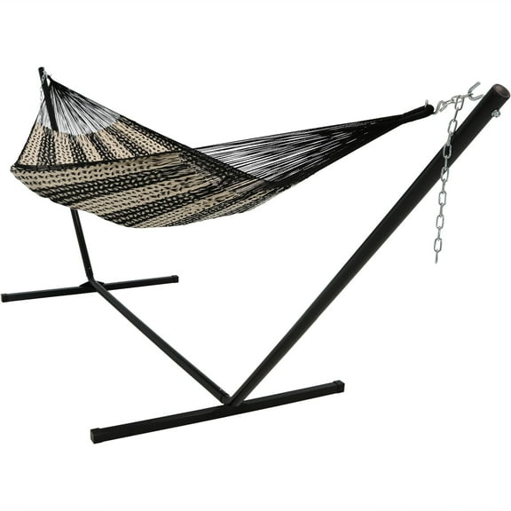 Sunnydaze 2-Person Cotton/Nylon Mayan Family Hammock with Stand, 400 lb Capacity - Black/Natural