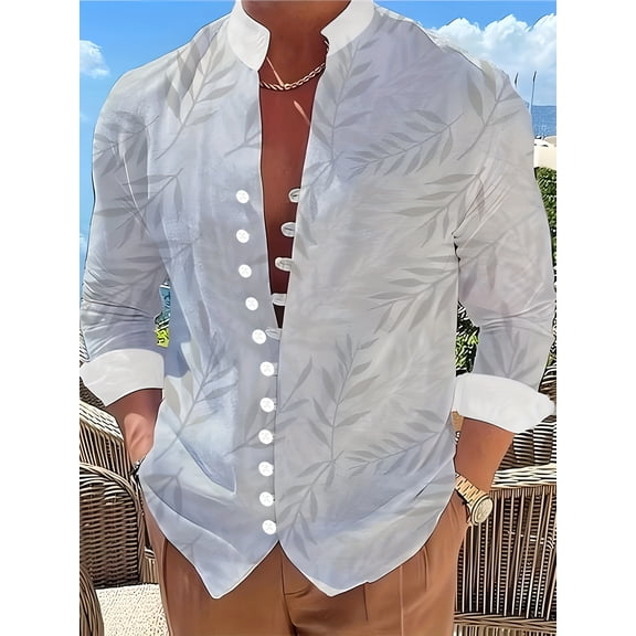 Mens Long Sleeve Shirt Floral Button Down Collared Loose Fit Casual Vintage Hippie Summer Breathable Shirts Gray L