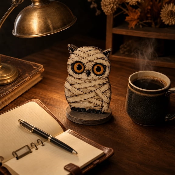 HuiXinOu Halloween Wooden Owl Figurine, Halloween Mummy Owl Wooden Figurine, Vintage Fall Desk Mantel Ornament, Halloween Tabletop Decor for Desk, Mantel, Shelf, Home, Office