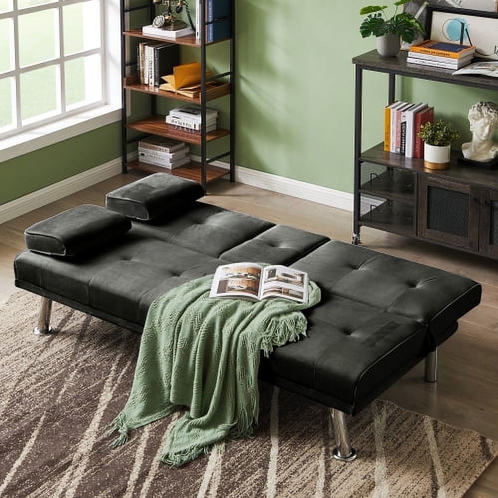 Modern Faux Leather Futon with Cupholders and Pillows, Black