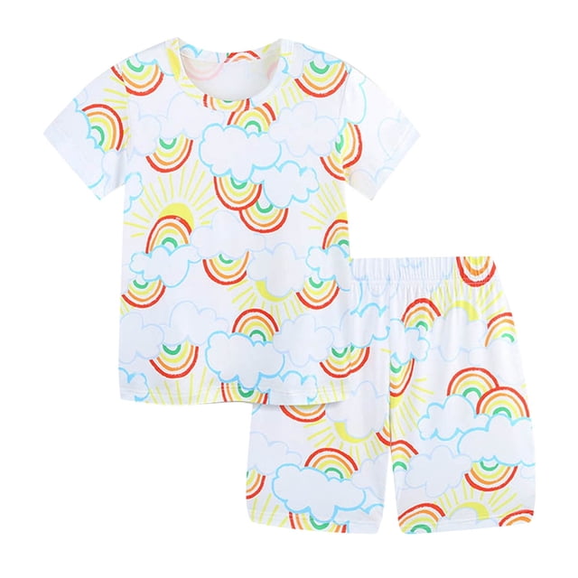 MEZZALL Pyjamas à Manches Courtes Imprimés Colorés pour Enfants Mode Vêtements de Maison Ensemble 2 Pcs, Blanc, 8 Ans