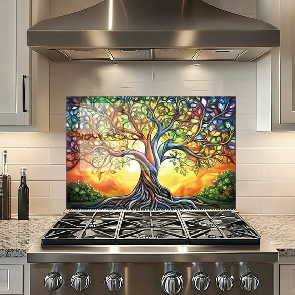 Tree of Life Tempered Glass Backsplash For Kitchen Behind Stove,Stove Back Top Cover,Easy to Clean Glass Splashback, Sink Cover Splash Guard,Home Kitchen Wall Decor