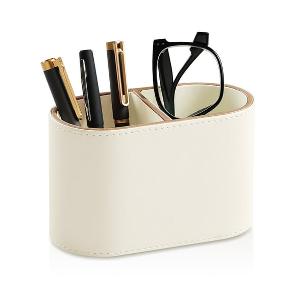 PU Leather Pen Holder for Desk, Small Remote Control Holder Pencil Cup Multifunctional Desktop Organizer Caddy for Home Office Desk Accessories - 2 Compartments (Beige)