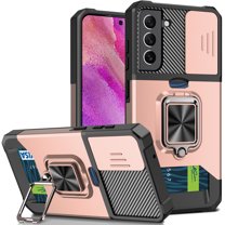 Dteck Case for Samsung Galaxy S21 FE,Shockproof with 360 Degree Ring Stand & Slide Lens Cover & Support Magnetic Car Mount Case for Galaxy S21 FE 5G,Rosegold