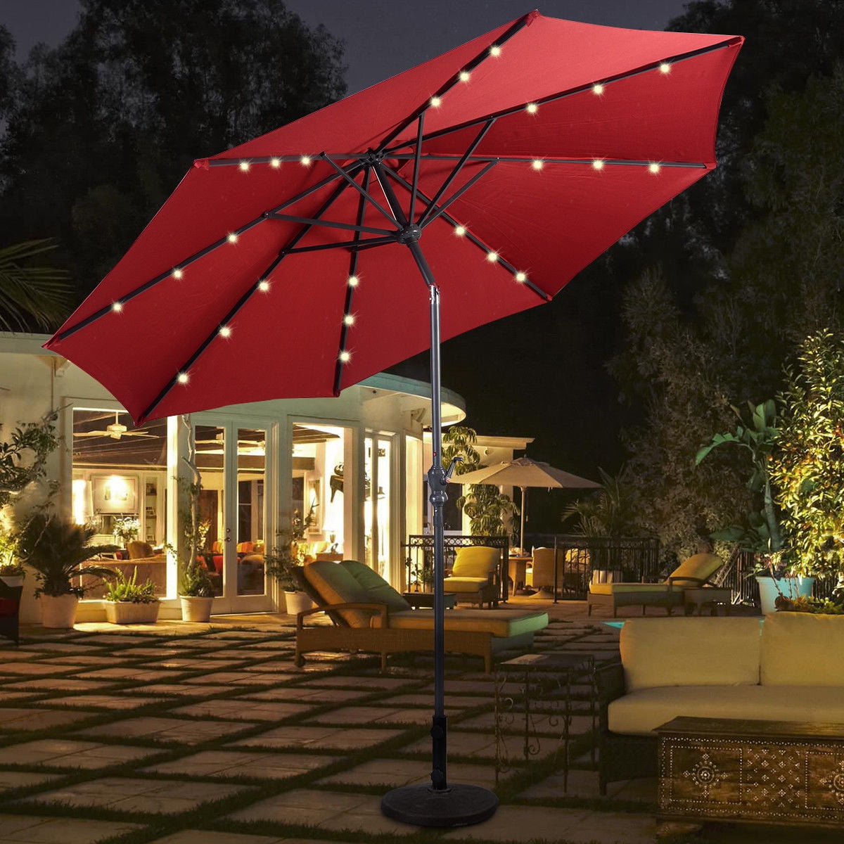 Blue Outdoor Market Umbrella with Cross Base and Cover Outdoor Umbrella with Center Light Tangkula 10 ft Solar LED Patio Cantilever Offset Umbrella with 360 Degree Rotation 