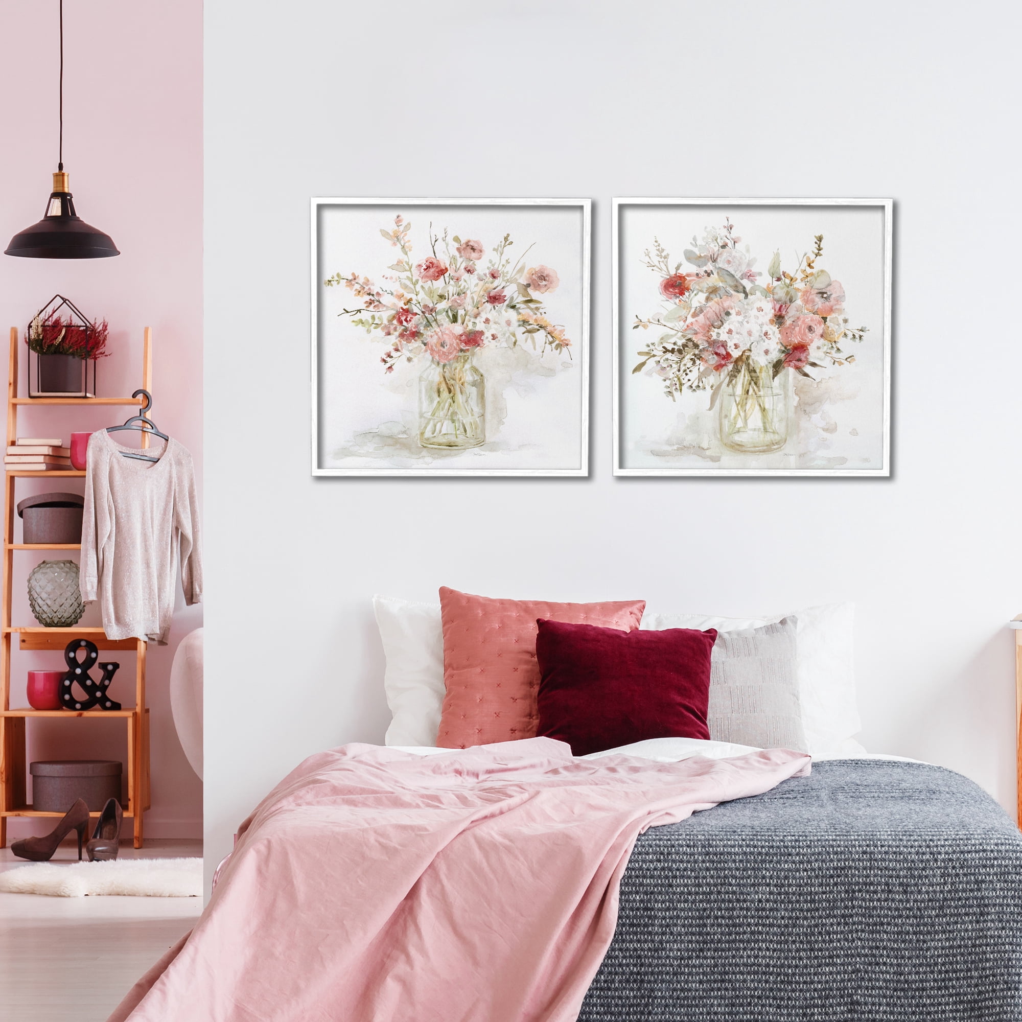 Stupell Industries Delicate Watercolor Bouquets in Glass 2 Piece White Framed Giclee Art Set, design by Carol Robinson