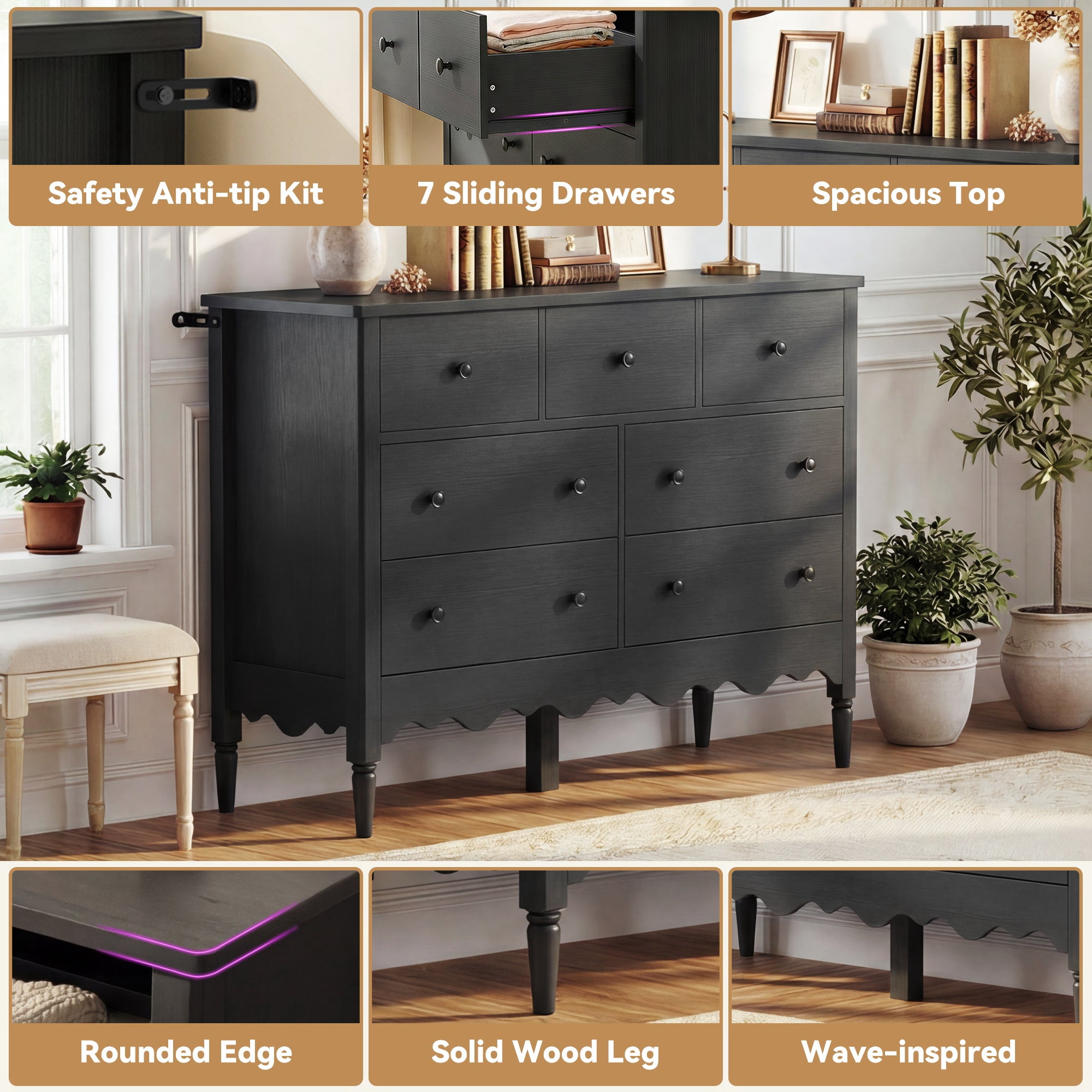 iSunirm 7-Drawer Dresser, Farmhouse Wooden Chest of Drawers for Bedroom, Closet, Black