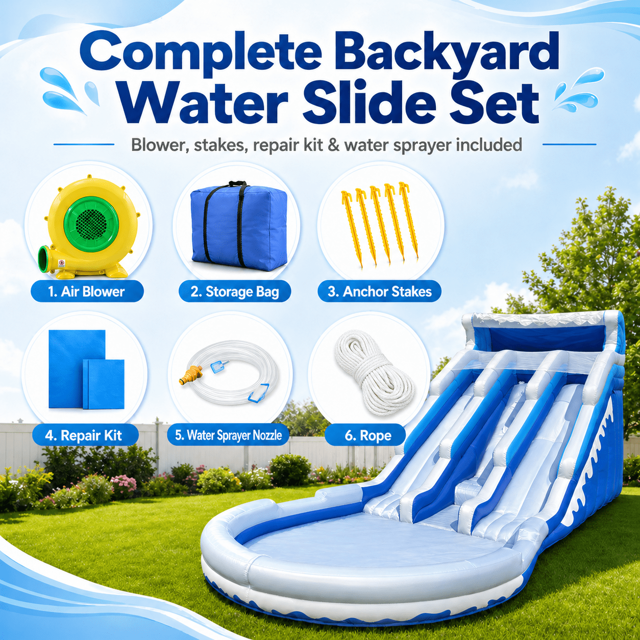 Connsann Inflatable Water Slide Blue Wave Oxford Double Lane with Splash Pool and Climbing Wall for Kids, Blue, 1-Count, 20.6 ft