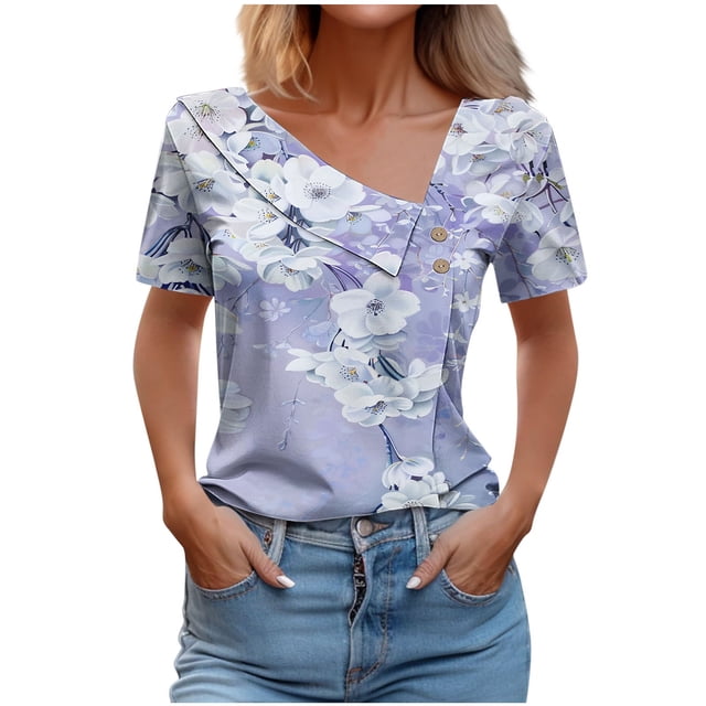 Top de Verano Mujeres Cuello en V Casual Top de Manga Corta, Ligera Primavera Y Blusa de Verano para las Mujeres