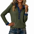 thumbnail image 5 of Tops for Women Cotton Waffle Knit Long Sleeve Top Button Patchwork Pullover Casual Loose Tunic, 5 of 5